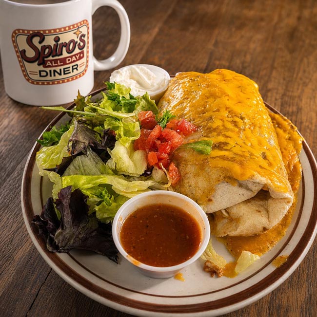 Cheesy burrito, salad, salsa, sour cream, and Spiros Diner mug at Breakfast Restaurant Tooele UT.