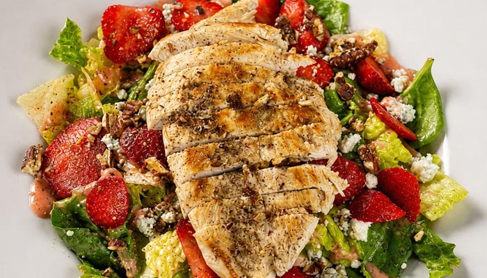 Tooele UT menu: grilled chicken salad with strawberries and pecans for lunch and dinner.