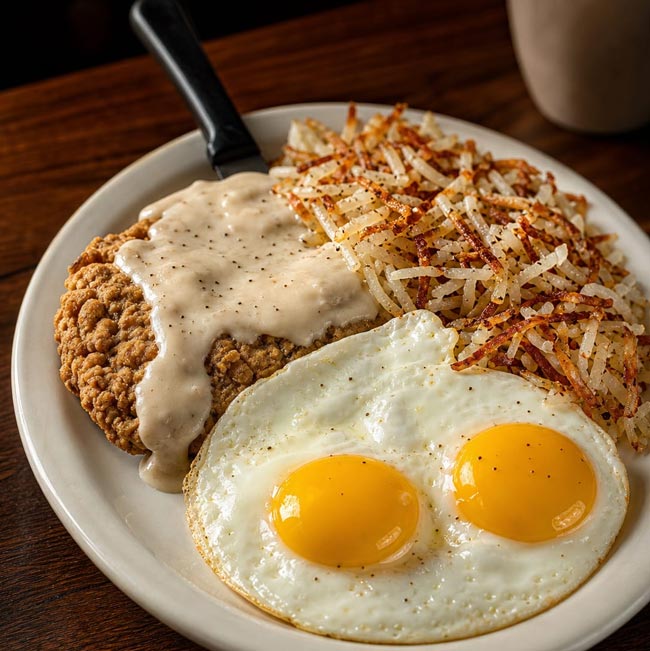 About Spiro’s All Day Diner: Plate with sunny-side up eggs, hash browns, and chicken fried steak.