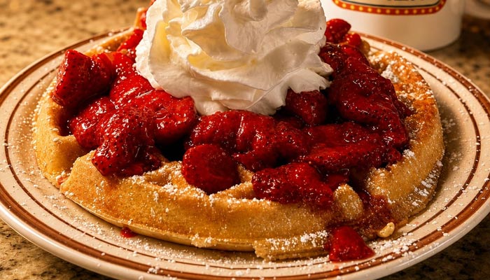 Enjoy a sweet treat at our Breakfast Restaurant Tooele UT—waffles with strawberries and cream.