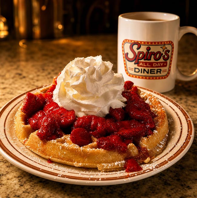 Waffle with strawberries and cream, beside a mug reading About Spiro’s All Day Diner.