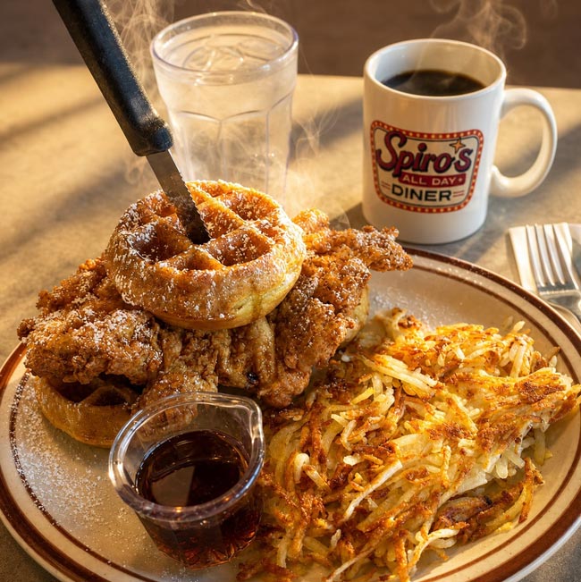 About Spiro’s All Day Diner: Chicken and waffles, hashbrowns, coffee, all in a cozy diner setting.